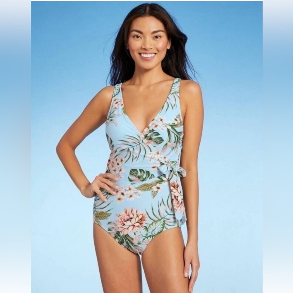 Kona Sol Blue and Pink One Piece Swimsuit with Tropical Print